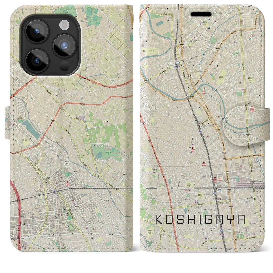 【越谷】地図柄iPhoneケース（手帳両面タイプ・ナチュラル）iPhone 15 Pro Max 用