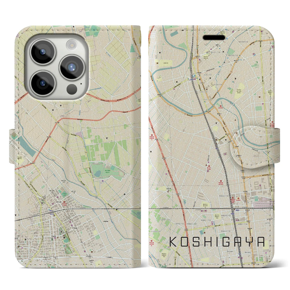 【越谷】地図柄iPhoneケース（手帳両面タイプ・ナチュラル）iPhone 15 Pro 用