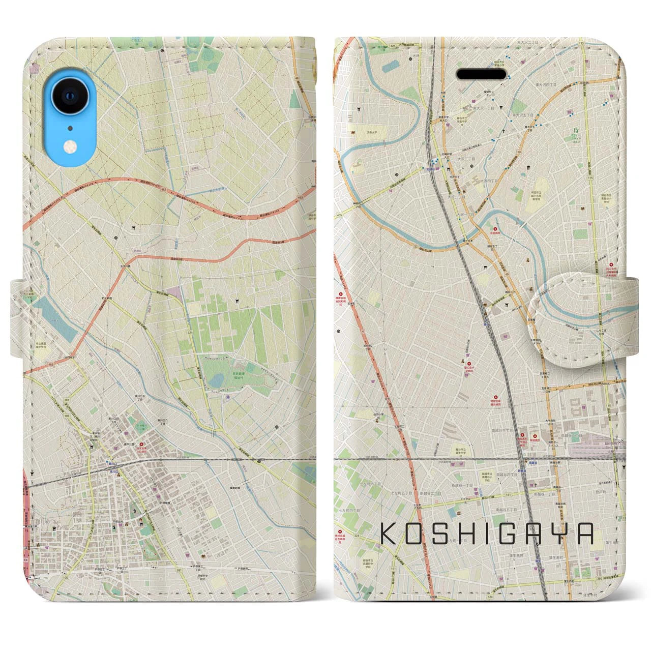 【越谷】地図柄iPhoneケース（手帳両面タイプ・ナチュラル）iPhone XR 用