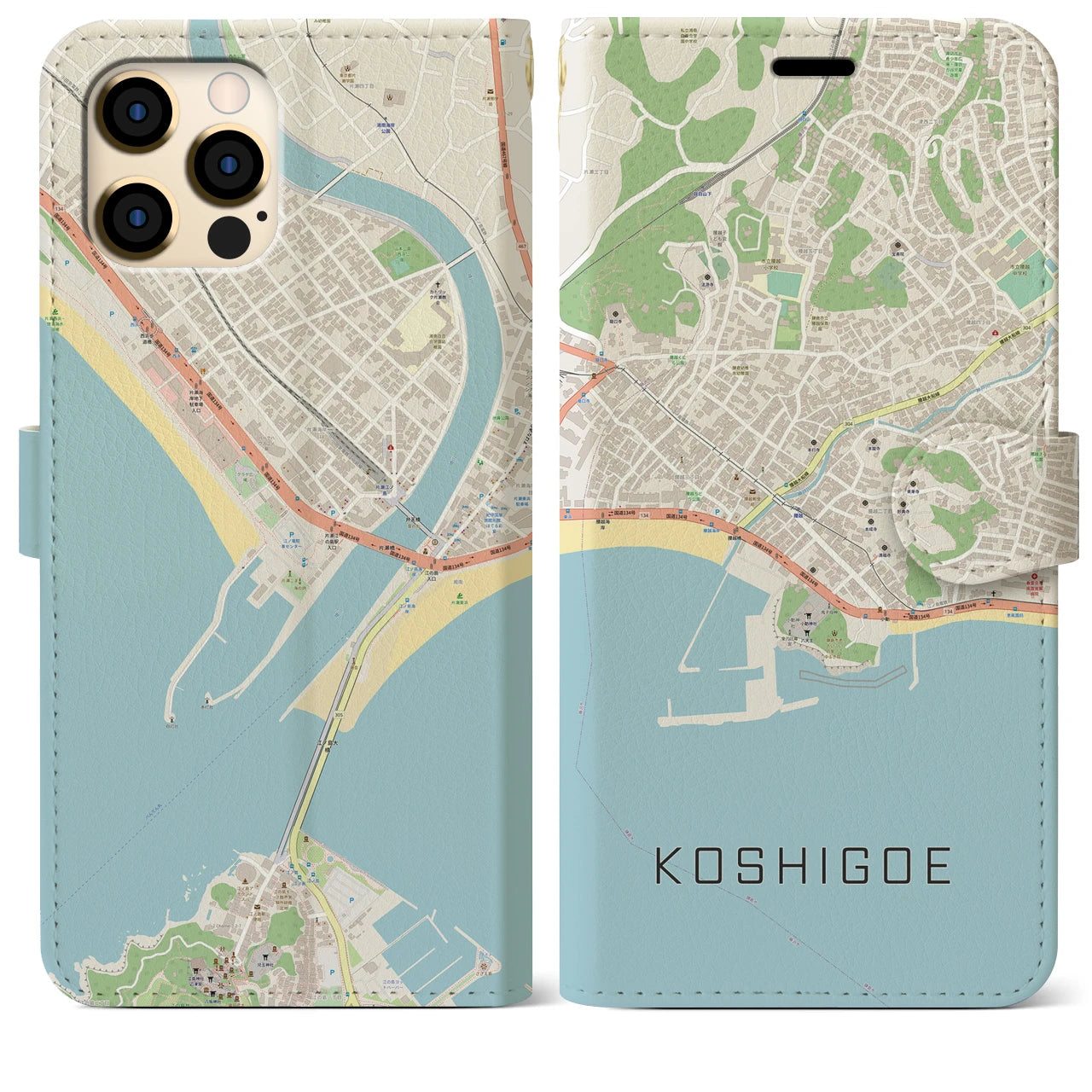 【腰越】地図柄iPhoneケース（手帳両面タイプ・ナチュラル）iPhone 12 Pro Max 用