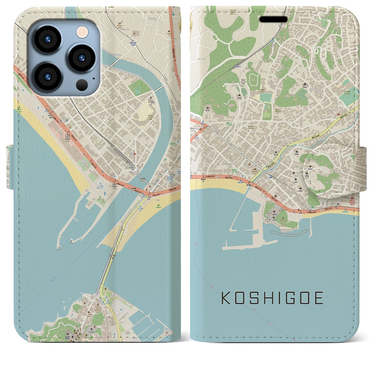 【腰越】地図柄iPhoneケース（手帳両面タイプ・ナチュラル）iPhone 13 Pro Max 用
