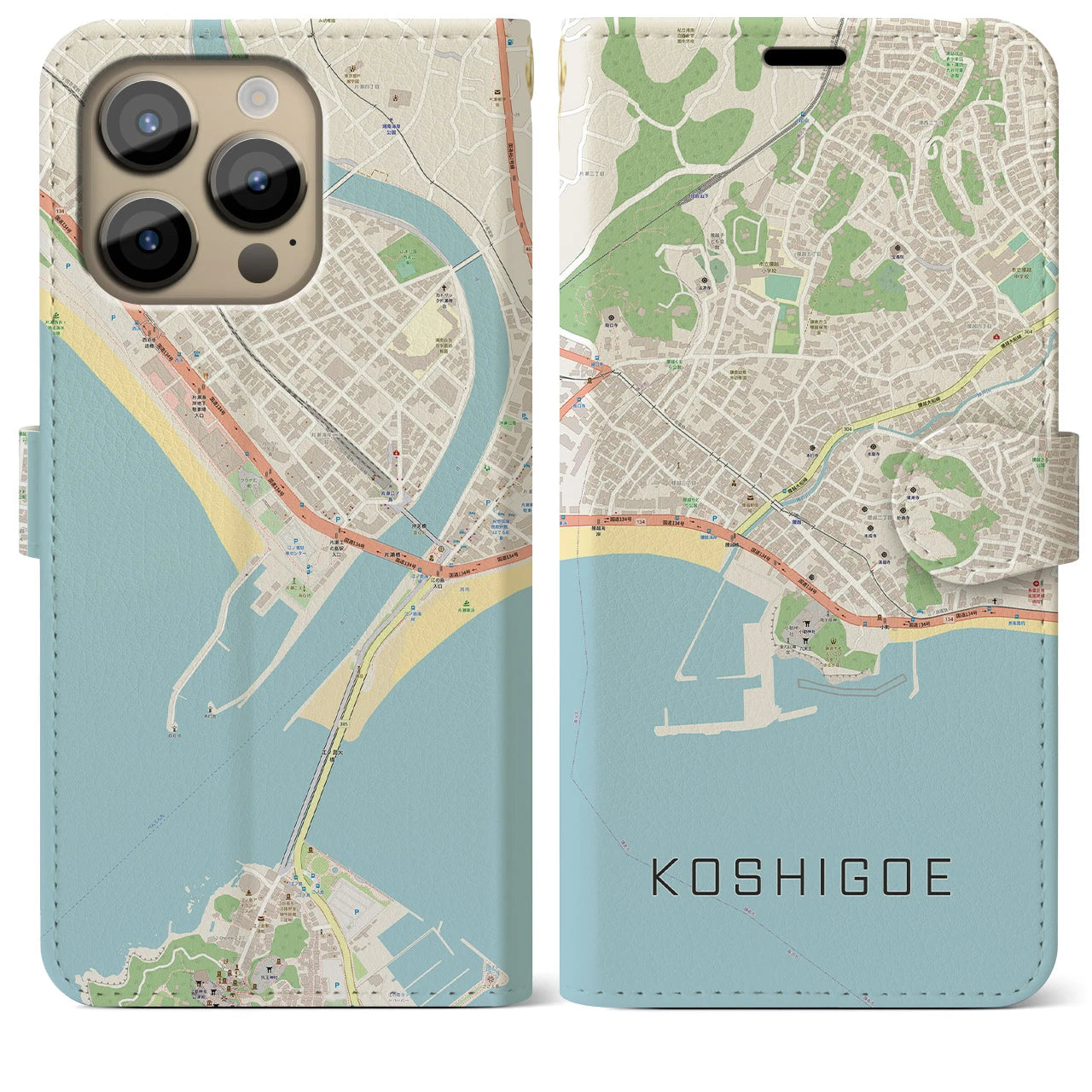 【腰越】地図柄iPhoneケース（手帳両面タイプ・ナチュラル）iPhone 14 Pro Max 用