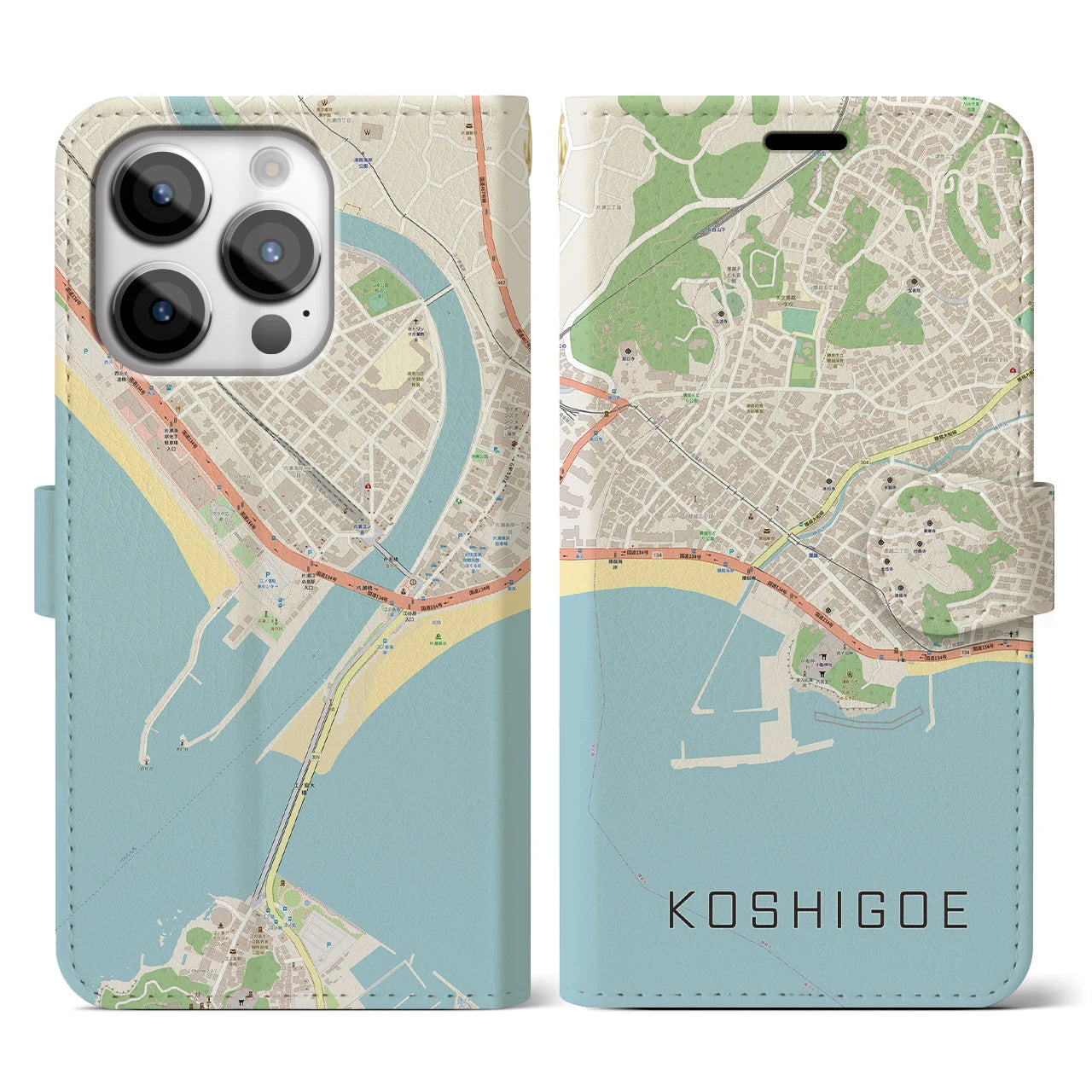 【腰越】地図柄iPhoneケース（手帳両面タイプ・ナチュラル）iPhone 14 Pro 用