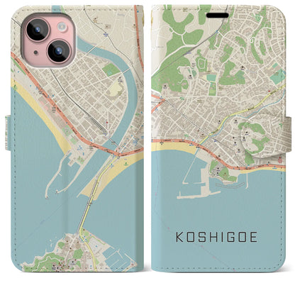 【腰越（神奈川県）】地図柄iPhoneケース（手帳タイプ）ナチュラル・iPhone 15 Plus 用