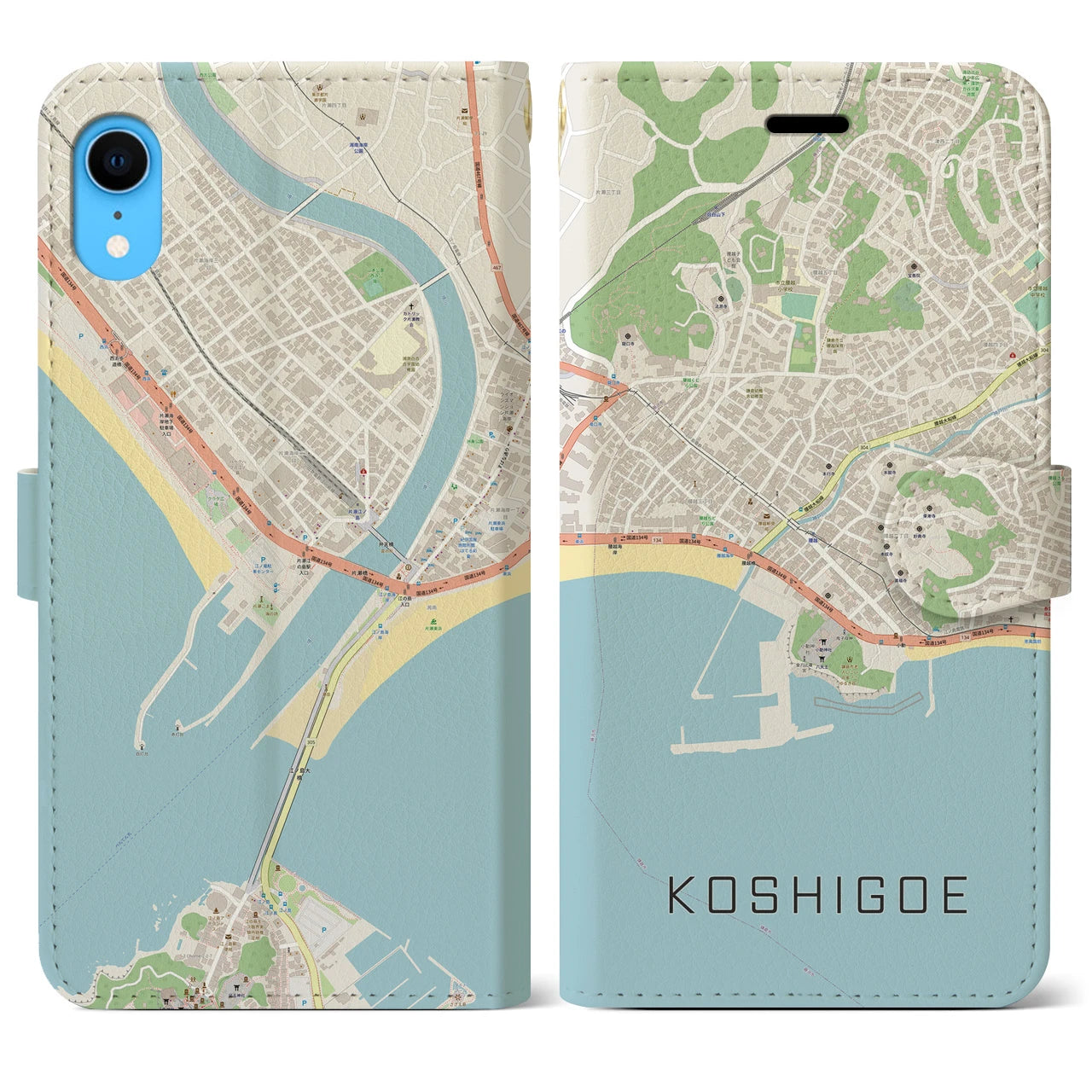 【腰越】地図柄iPhoneケース（手帳両面タイプ・ナチュラル）iPhone XR 用