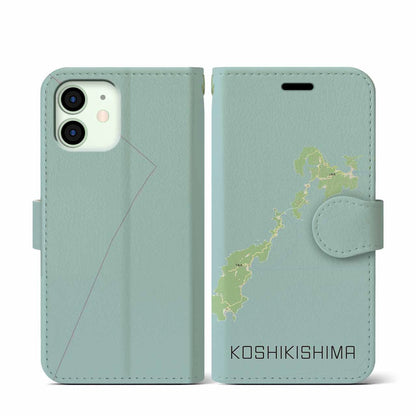 【甑島（鹿児島県）】地図柄iPhoneケース（手帳タイプ）ナチュラル・iPhone 12 mini 用