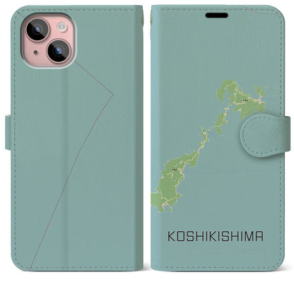 【甑島（鹿児島県）】地図柄iPhoneケース（手帳タイプ）ナチュラル・iPhone 15 Plus 用