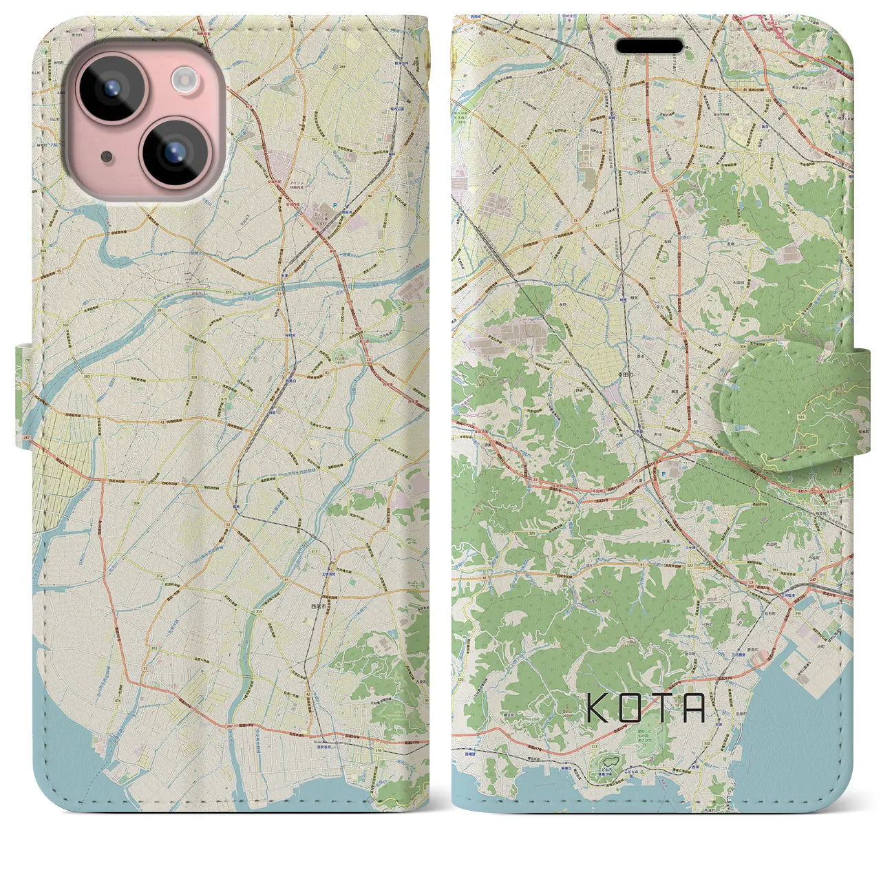 【幸田】地図柄iPhoneケース（手帳両面タイプ・ナチュラル）iPhone 15 Plus 用