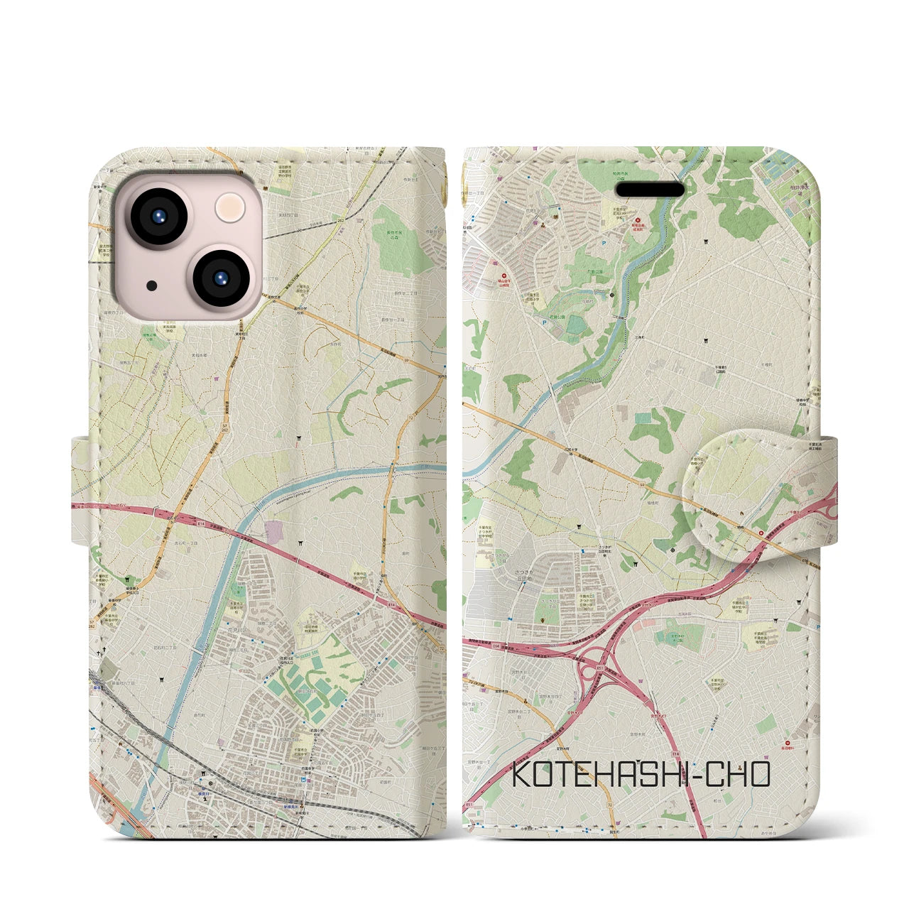 【犢橋町】地図柄iPhoneケース（手帳両面タイプ・ナチュラル）iPhone 13 mini 用