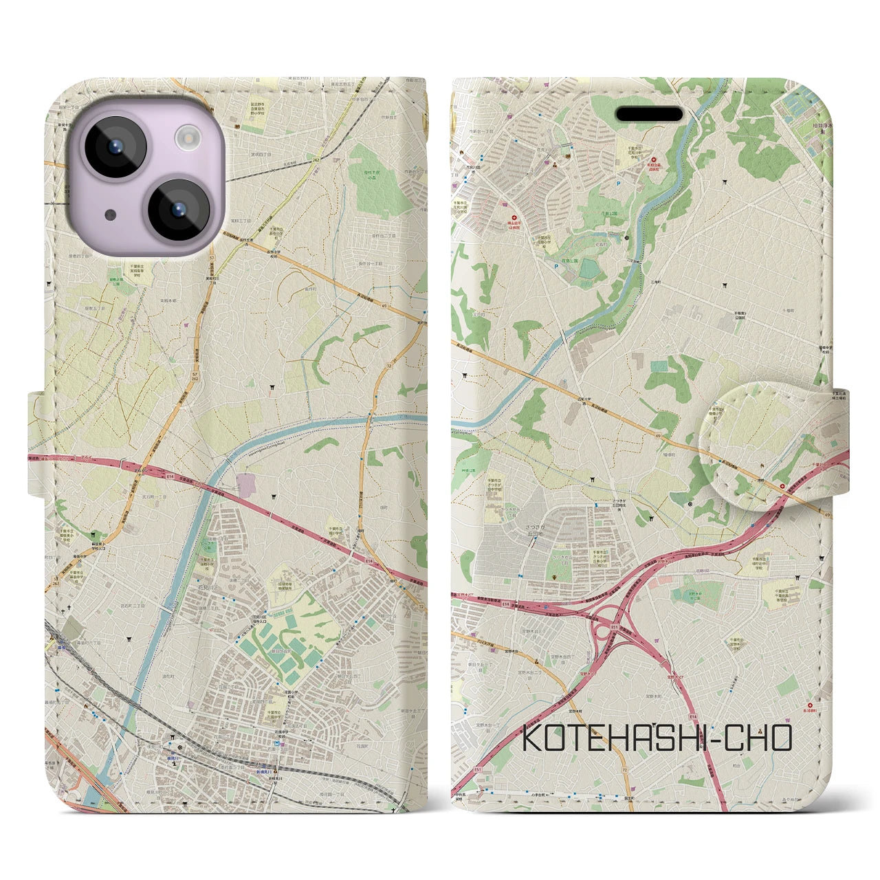 【犢橋町】地図柄iPhoneケース（手帳両面タイプ・ナチュラル）iPhone 14 用