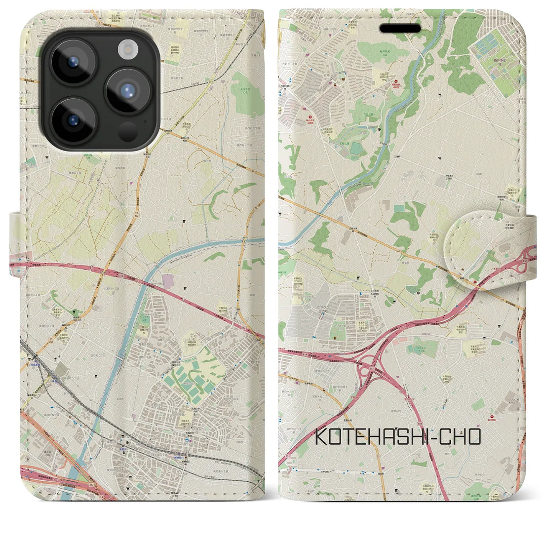 【犢橋町】地図柄iPhoneケース（手帳両面タイプ・ナチュラル）iPhone 15 Pro Max 用