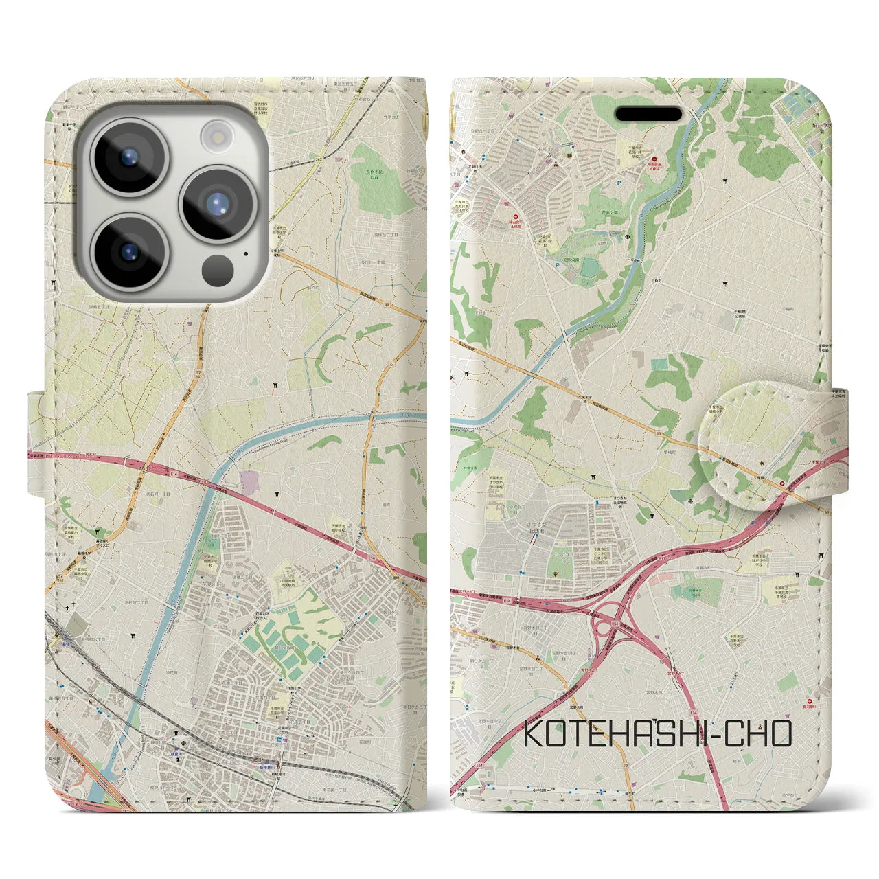 【犢橋町】地図柄iPhoneケース（手帳両面タイプ・ナチュラル）iPhone 15 Pro 用