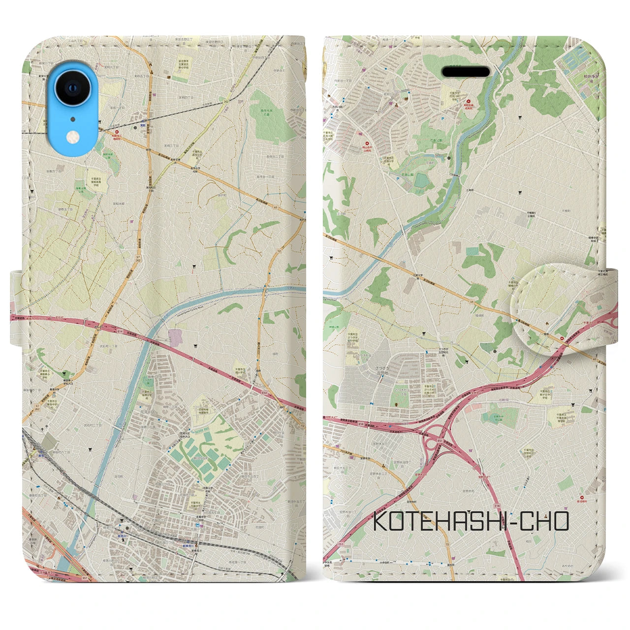 【犢橋町】地図柄iPhoneケース（手帳両面タイプ・ナチュラル）iPhone XR 用