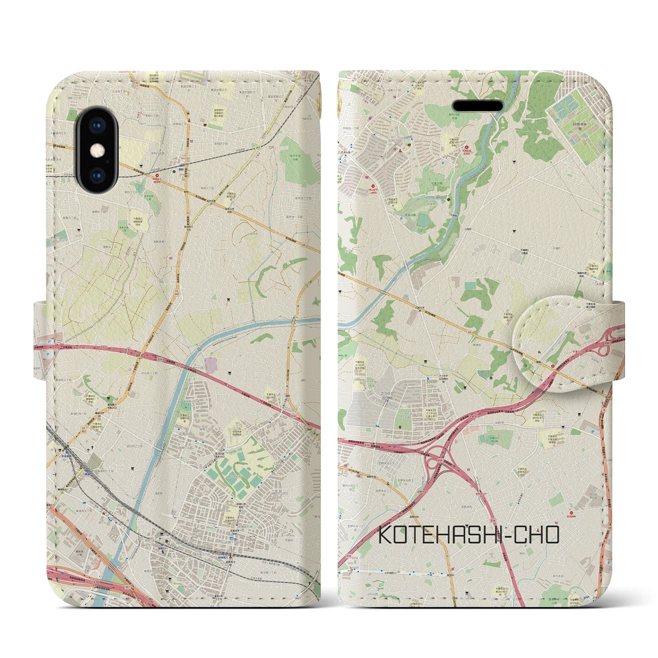 【犢橋町】地図柄iPhoneケース（手帳両面タイプ・ナチュラル）iPhone XS / X 用