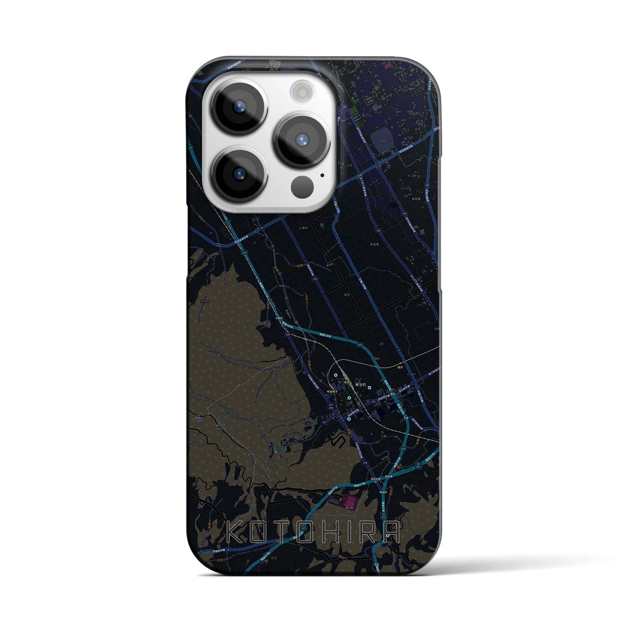 【琴平】地図柄iPhoneケース（バックカバータイプ・ブラック）iPhone 14 Pro 用