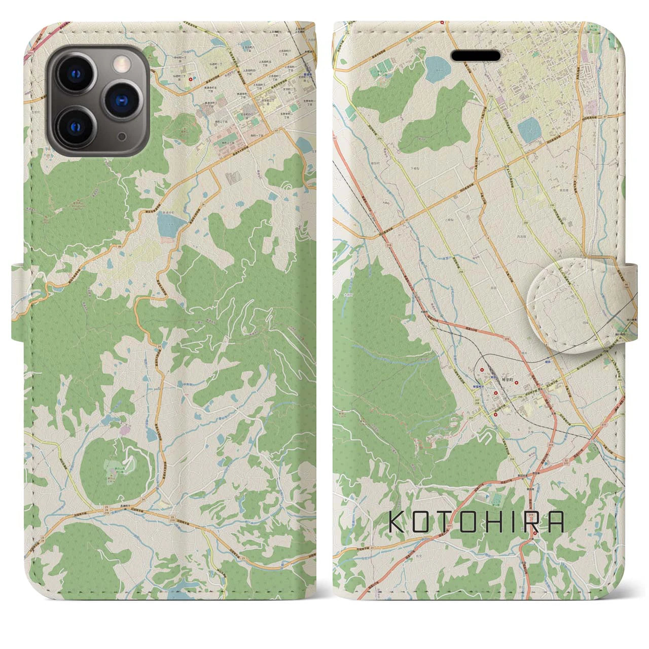 【琴平】地図柄iPhoneケース（手帳両面タイプ・ナチュラル）iPhone 11 Pro Max 用
