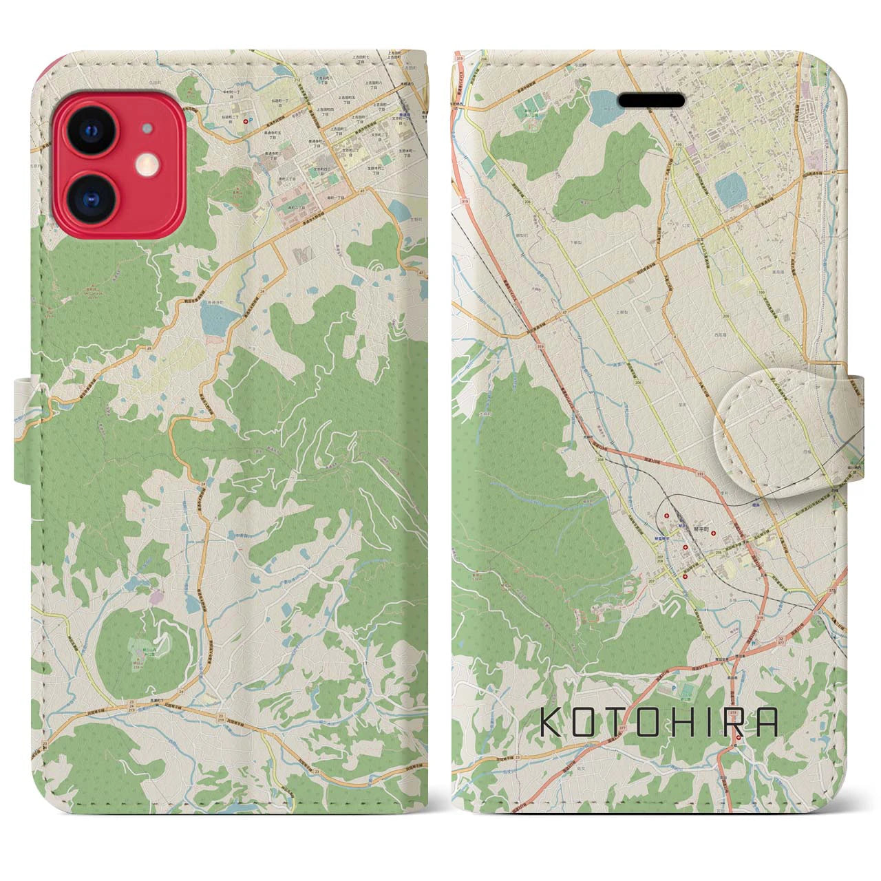 【琴平】地図柄iPhoneケース（手帳両面タイプ・ナチュラル）iPhone 11 用