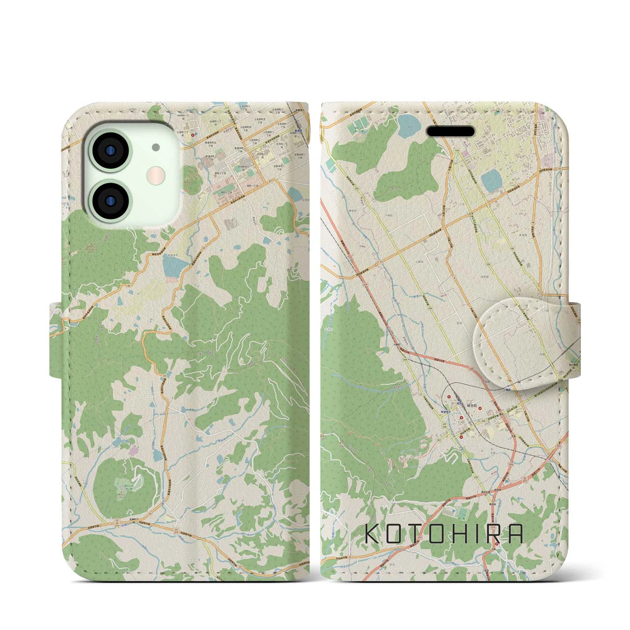 【琴平】地図柄iPhoneケース（手帳両面タイプ・ナチュラル）iPhone 12 mini 用