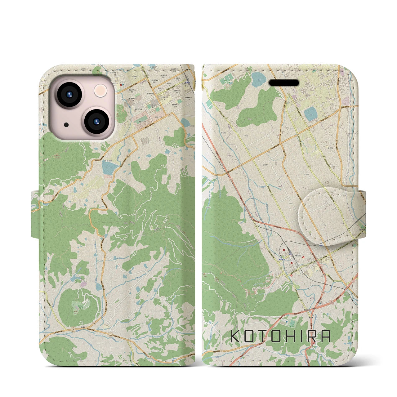 【琴平】地図柄iPhoneケース（手帳両面タイプ・ナチュラル）iPhone 13 mini 用
