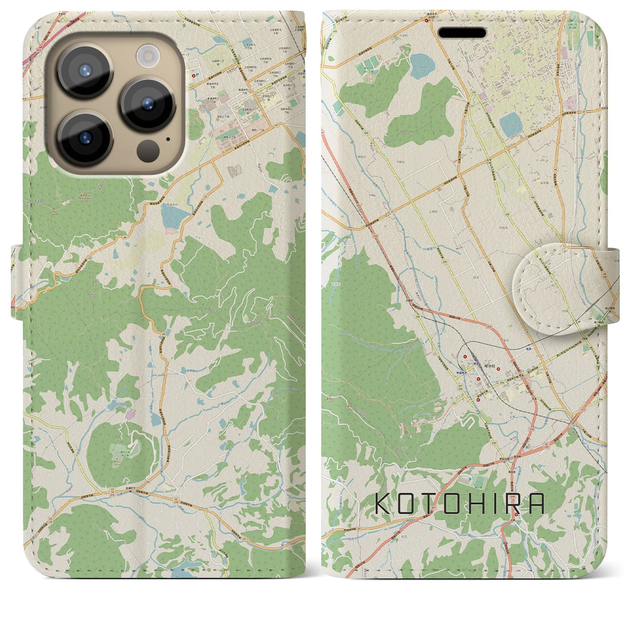 【琴平】地図柄iPhoneケース（手帳両面タイプ・ナチュラル）iPhone 14 Pro Max 用