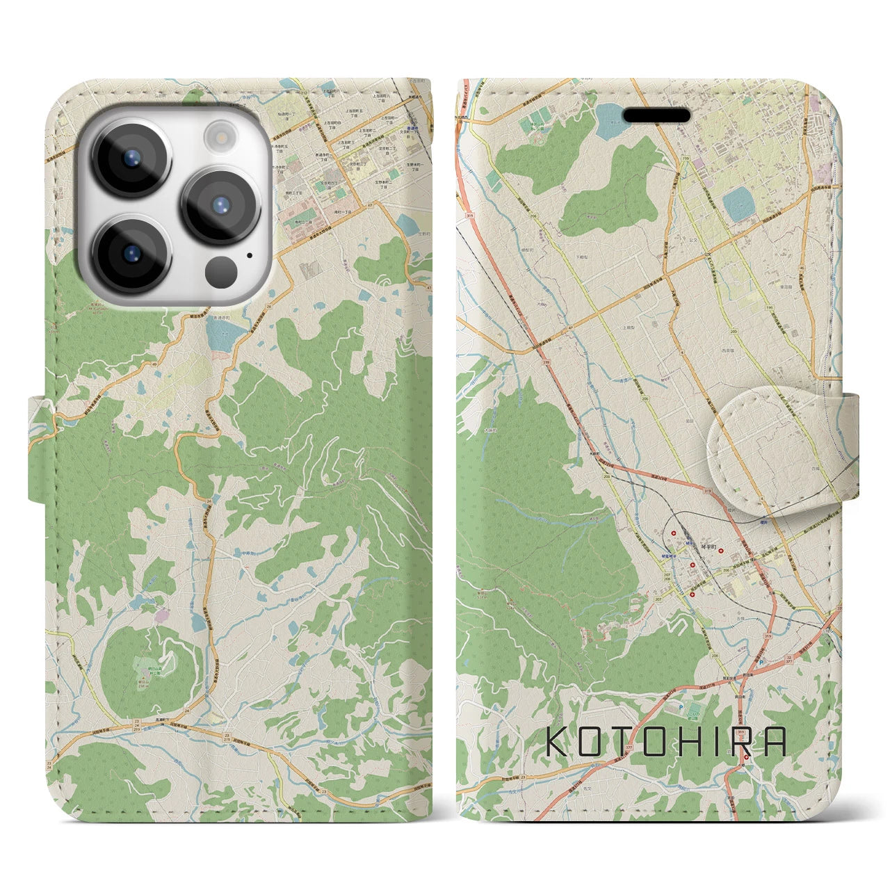 【琴平】地図柄iPhoneケース（手帳両面タイプ・ナチュラル）iPhone 14 Pro 用