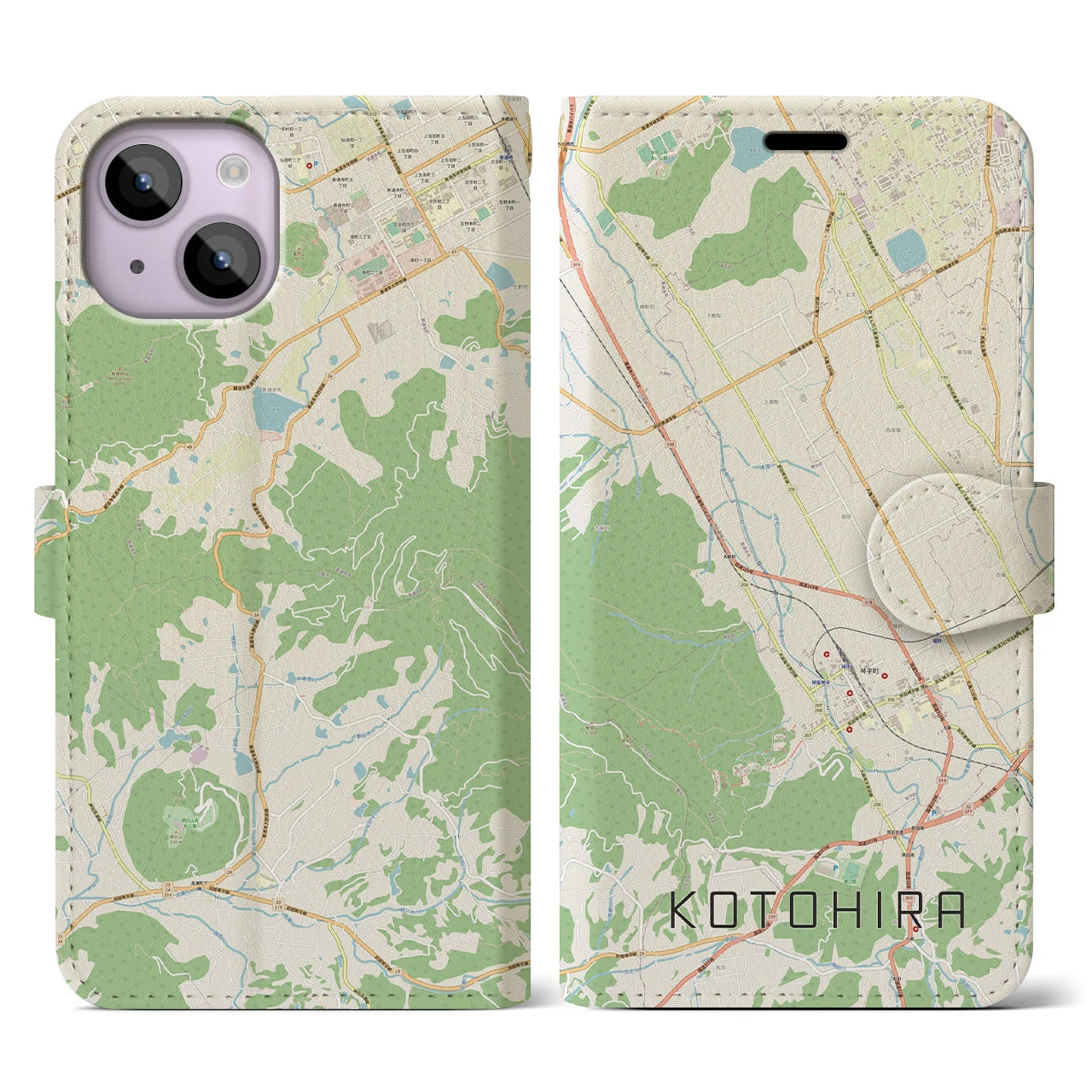 【琴平】地図柄iPhoneケース（手帳両面タイプ・ナチュラル）iPhone 14 用