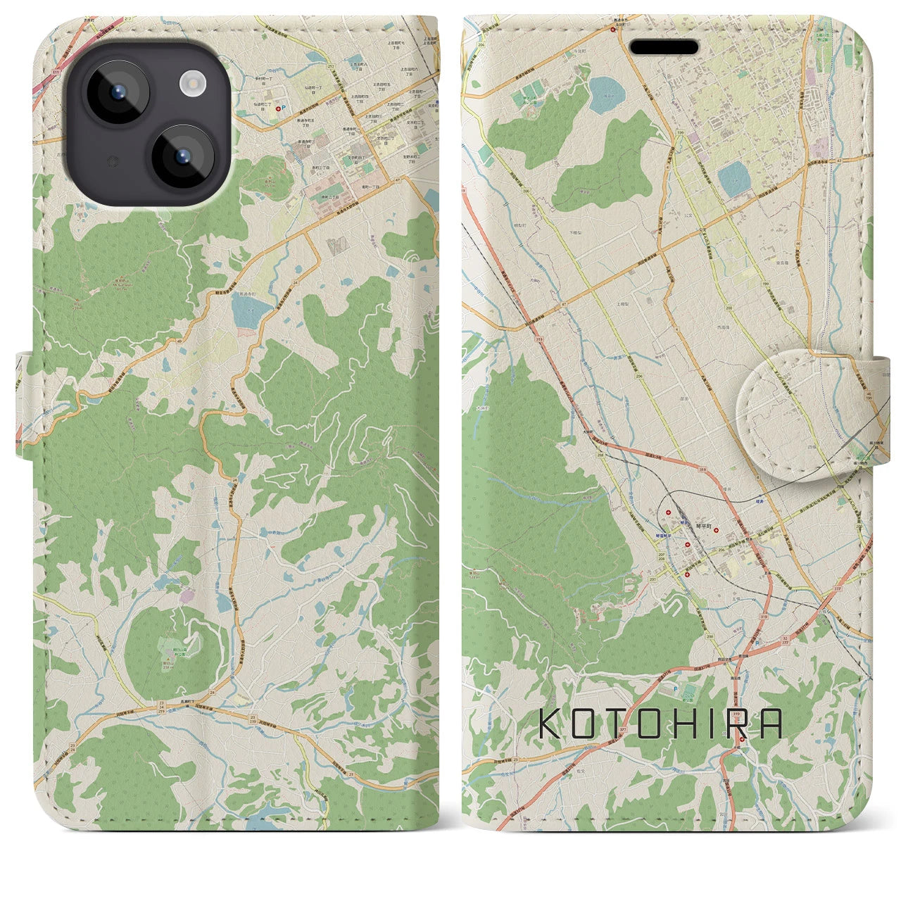 【琴平】地図柄iPhoneケース（手帳両面タイプ・ナチュラル）iPhone 14 Plus 用