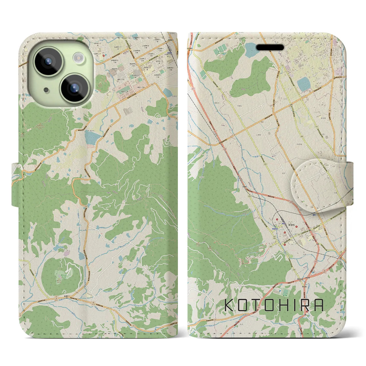 【琴平】地図柄iPhoneケース（手帳両面タイプ・ナチュラル）iPhone 15 用