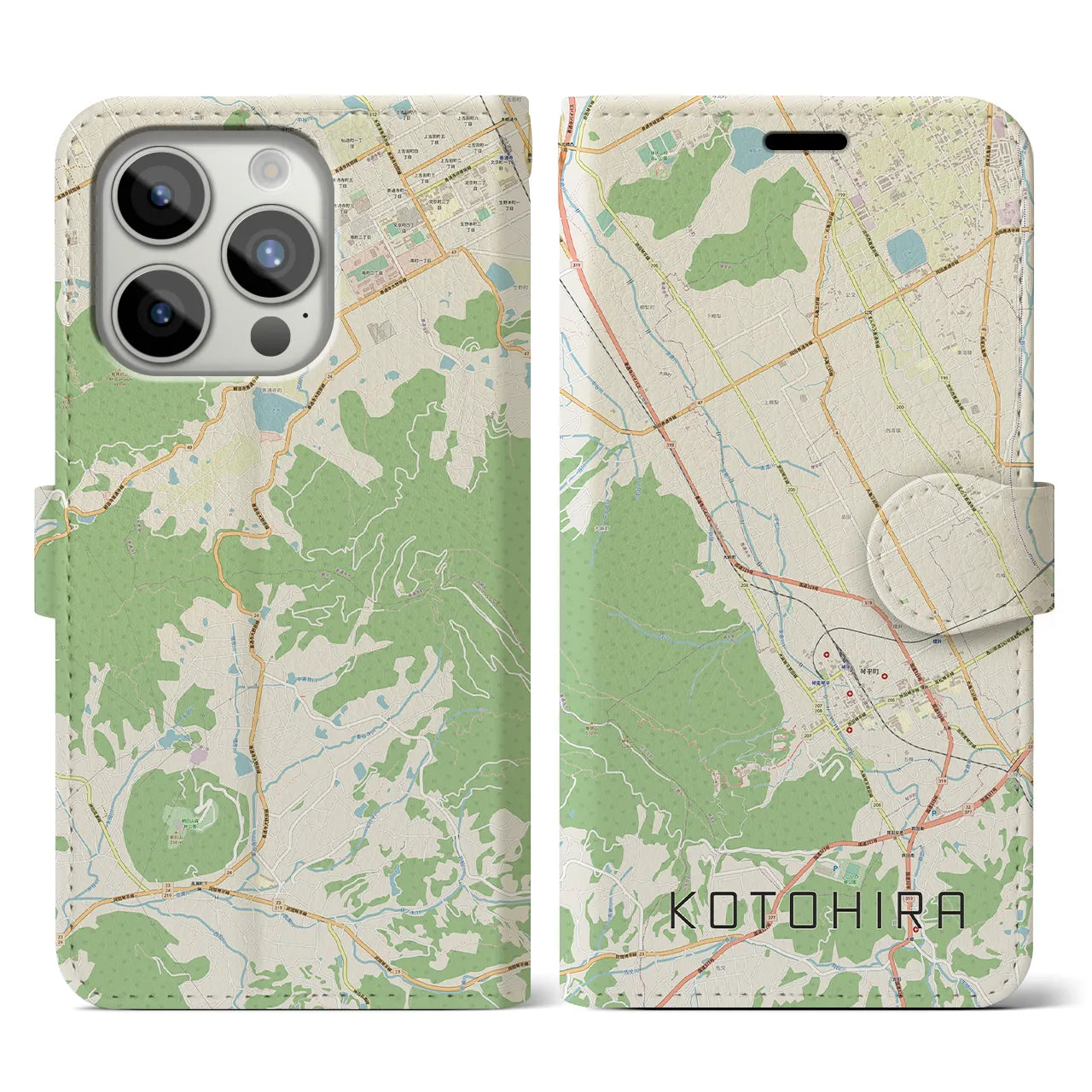 【琴平】地図柄iPhoneケース（手帳両面タイプ・ナチュラル）iPhone 15 Pro 用