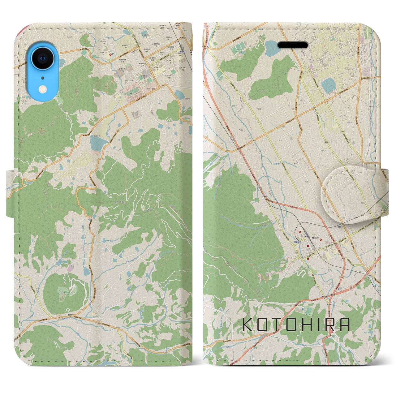 【琴平】地図柄iPhoneケース（手帳両面タイプ・ナチュラル）iPhone XR 用