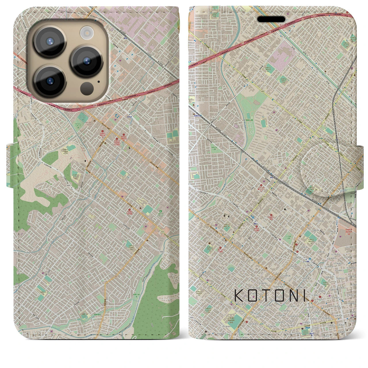 【琴似】地図柄iPhoneケース（手帳両面タイプ・ナチュラル）iPhone 14 Pro Max 用