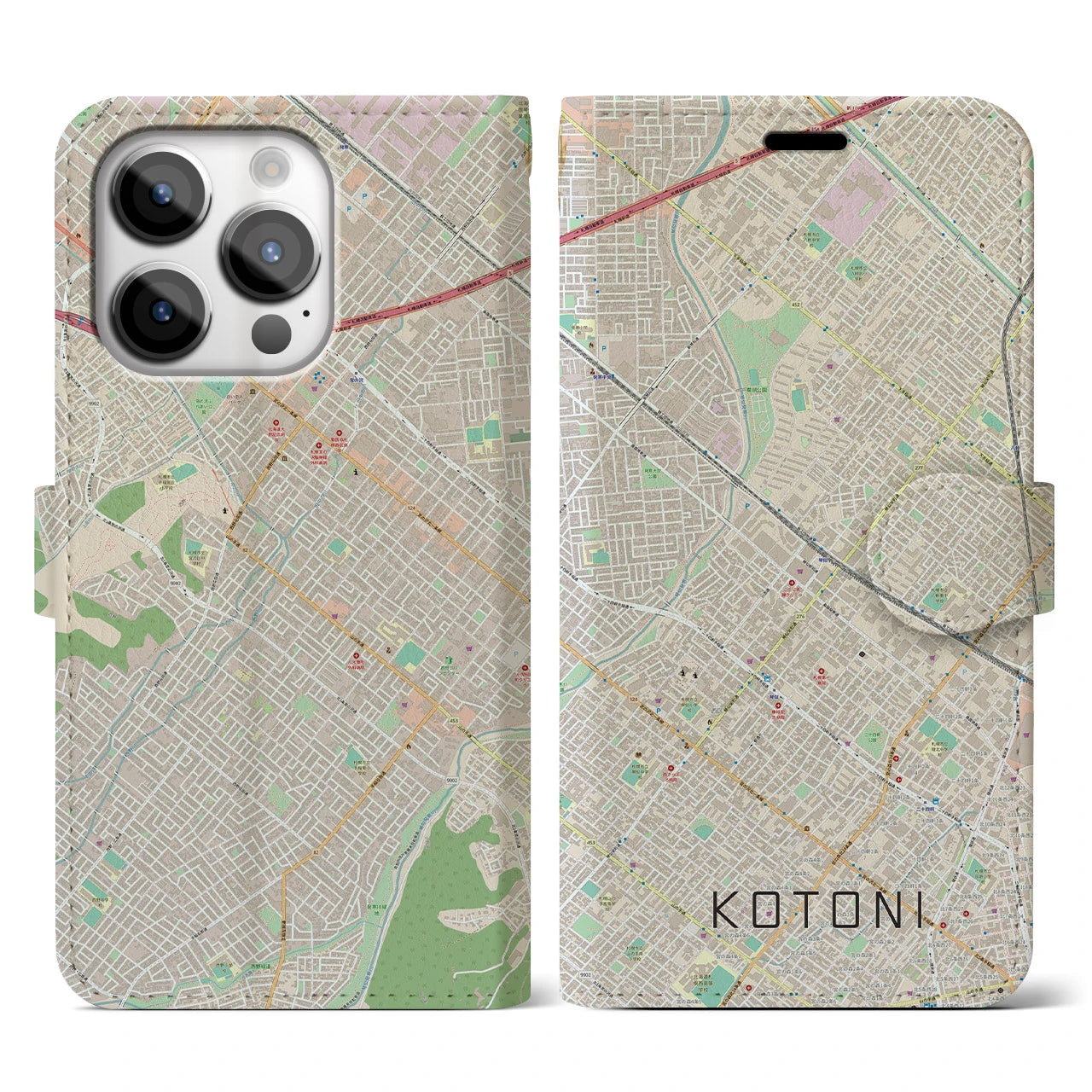 【琴似】地図柄iPhoneケース（手帳両面タイプ・ナチュラル）iPhone 14 Pro 用