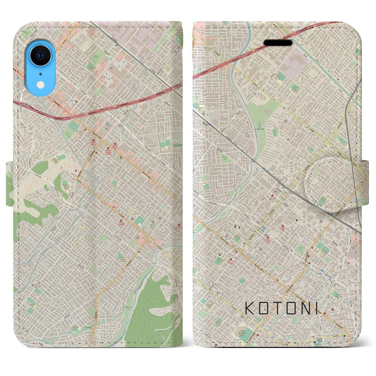 【琴似】地図柄iPhoneケース（手帳両面タイプ・ナチュラル）iPhone XR 用