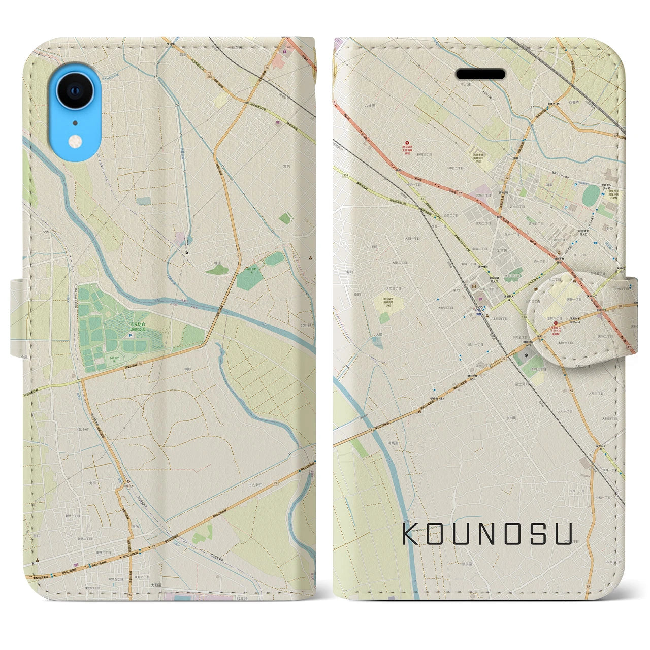 【鴻巣】地図柄iPhoneケース（手帳両面タイプ・ナチュラル）iPhone XR 用