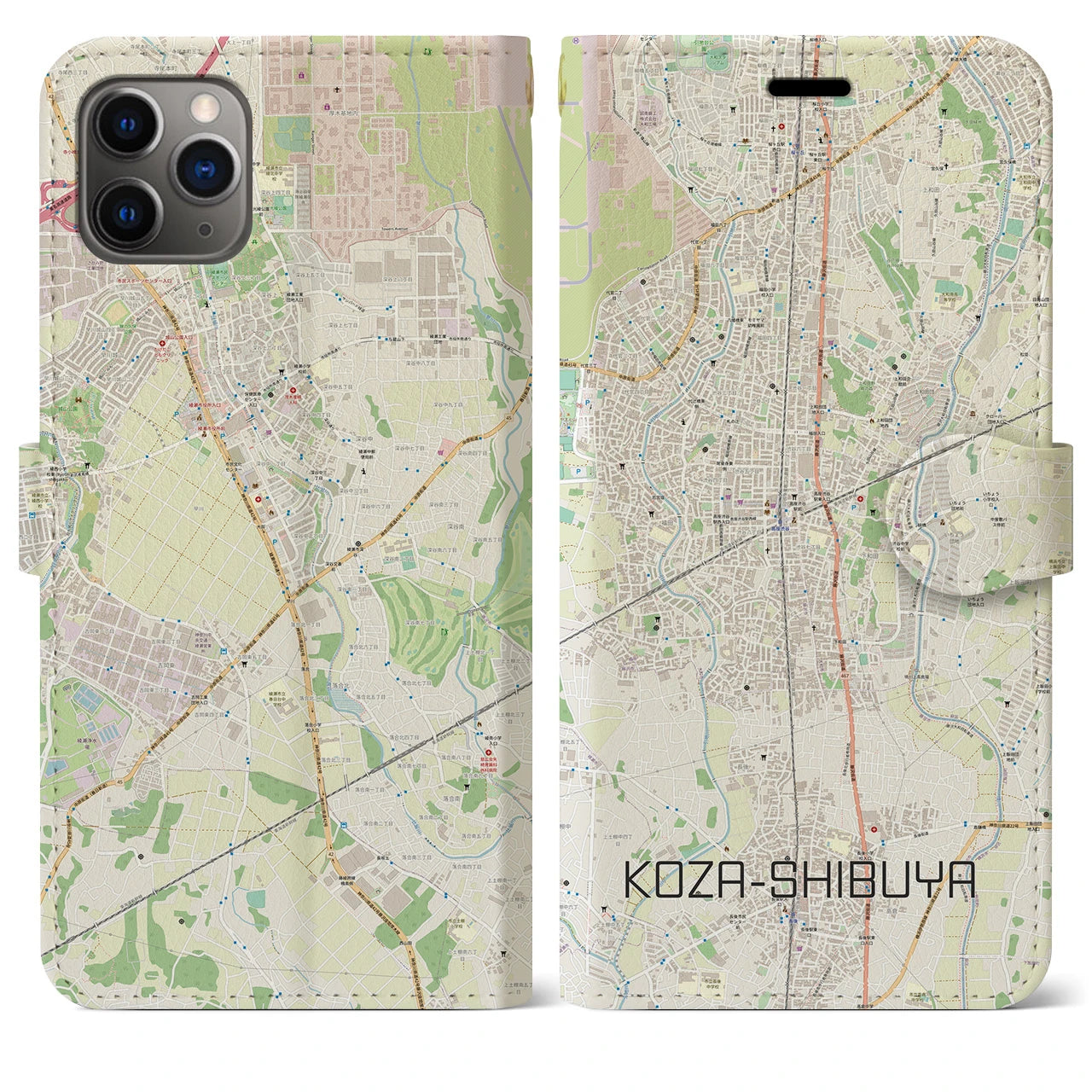 【高座渋谷】地図柄iPhoneケース（手帳両面タイプ・ナチュラル）iPhone 11 Pro Max 用
