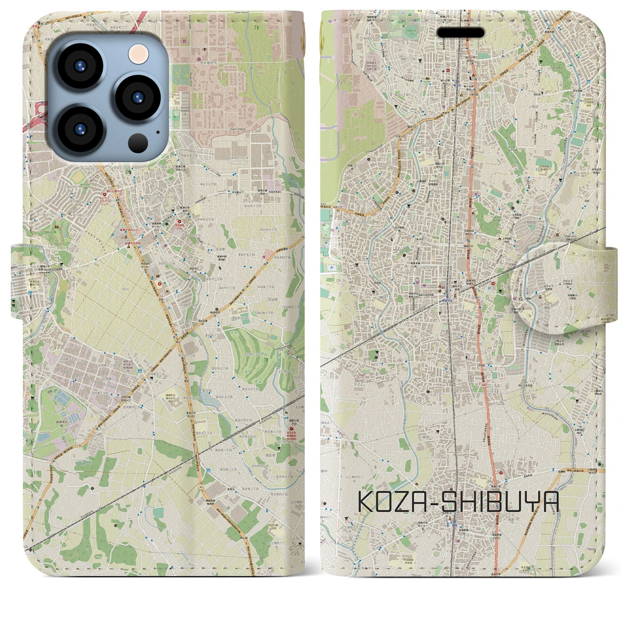 【高座渋谷】地図柄iPhoneケース（手帳両面タイプ・ナチュラル）iPhone 13 Pro Max 用