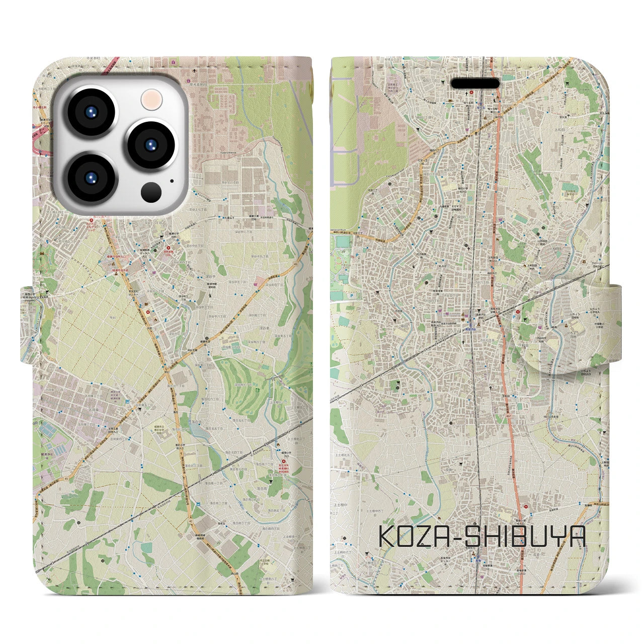 【高座渋谷】地図柄iPhoneケース（手帳両面タイプ・ナチュラル）iPhone 13 Pro 用