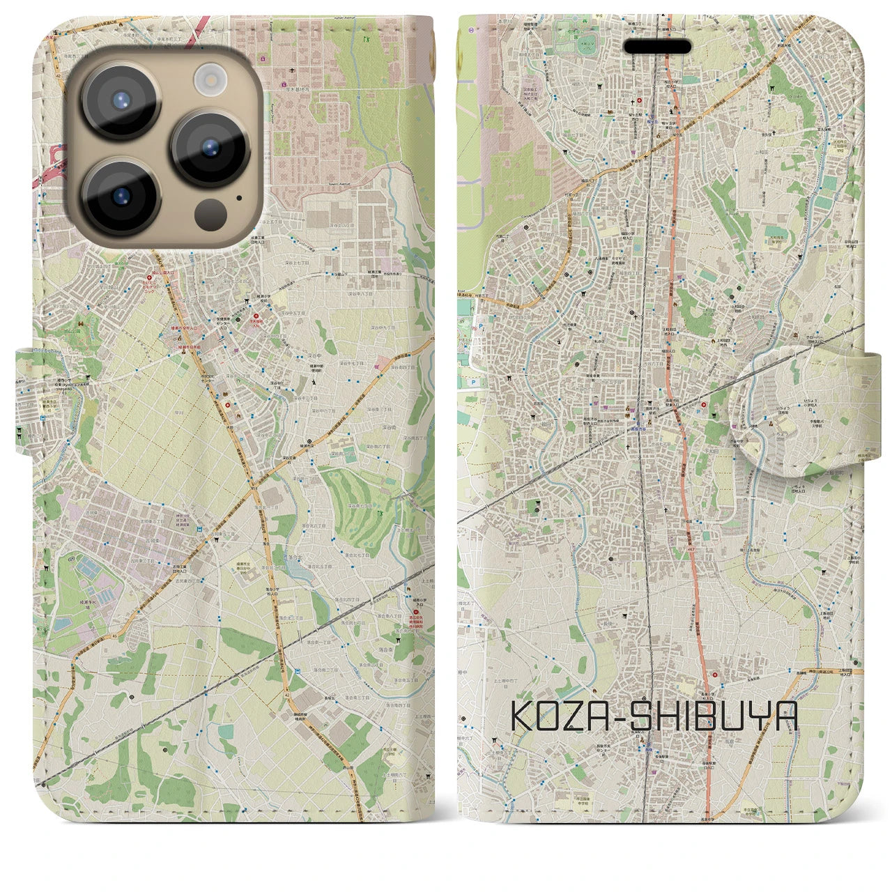 【高座渋谷】地図柄iPhoneケース（手帳両面タイプ・ナチュラル）iPhone 14 Pro Max 用