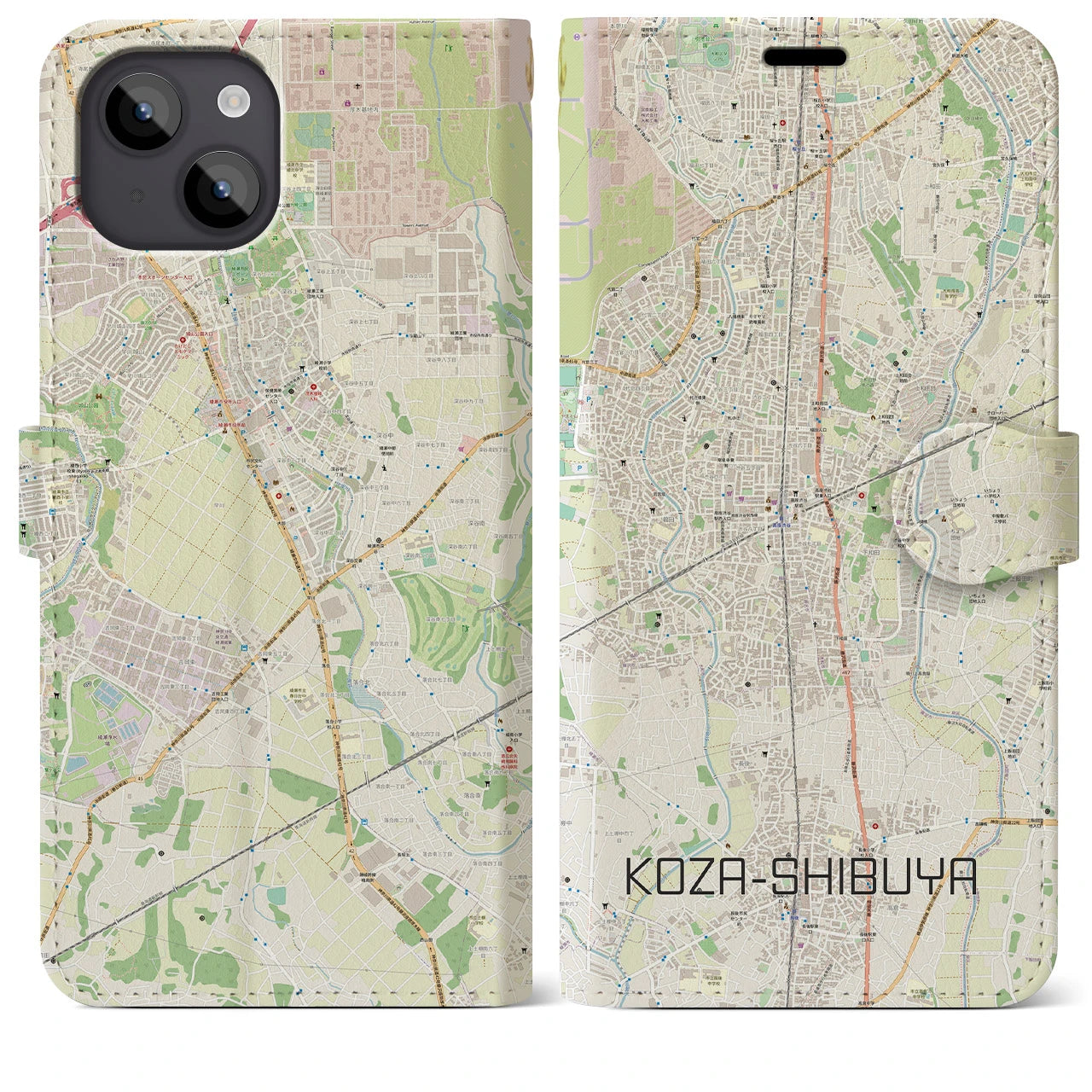 【高座渋谷】地図柄iPhoneケース（手帳両面タイプ・ナチュラル）iPhone 14 Plus 用