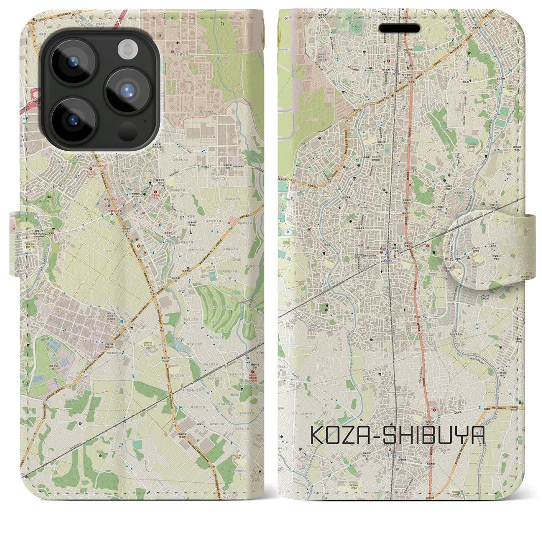 【高座渋谷】地図柄iPhoneケース（手帳両面タイプ・ナチュラル）iPhone 15 Pro Max 用