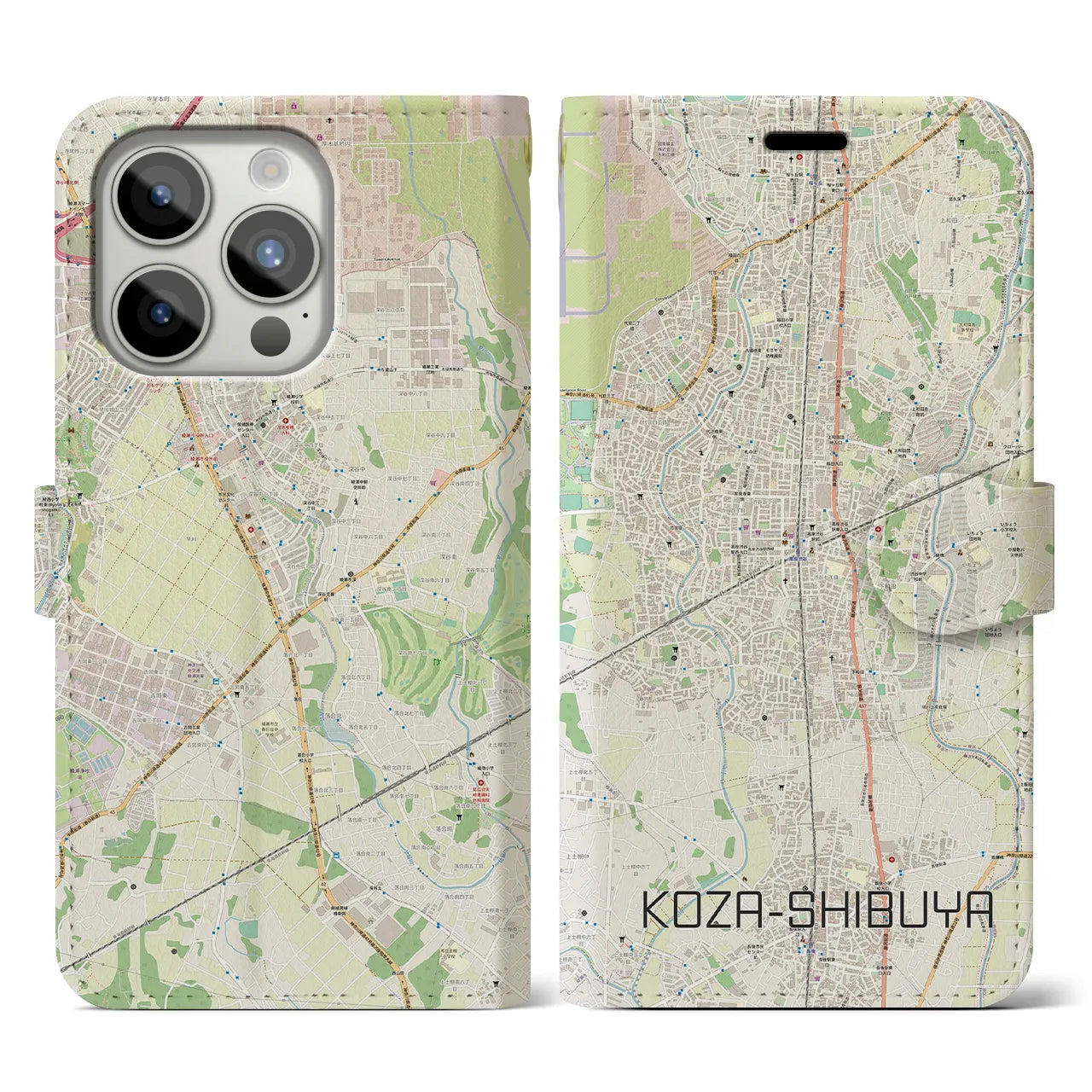【高座渋谷】地図柄iPhoneケース（手帳両面タイプ・ナチュラル）iPhone 15 Pro 用