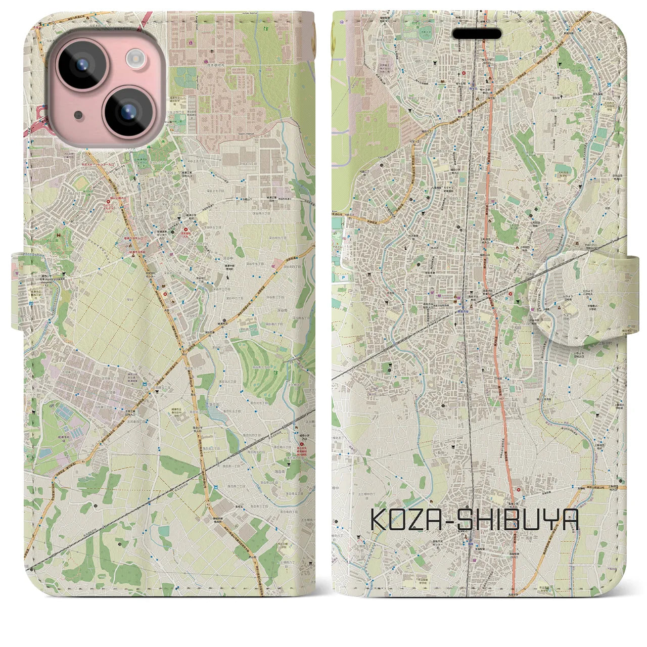 【高座渋谷】地図柄iPhoneケース（手帳両面タイプ・ナチュラル）iPhone 15 Plus 用