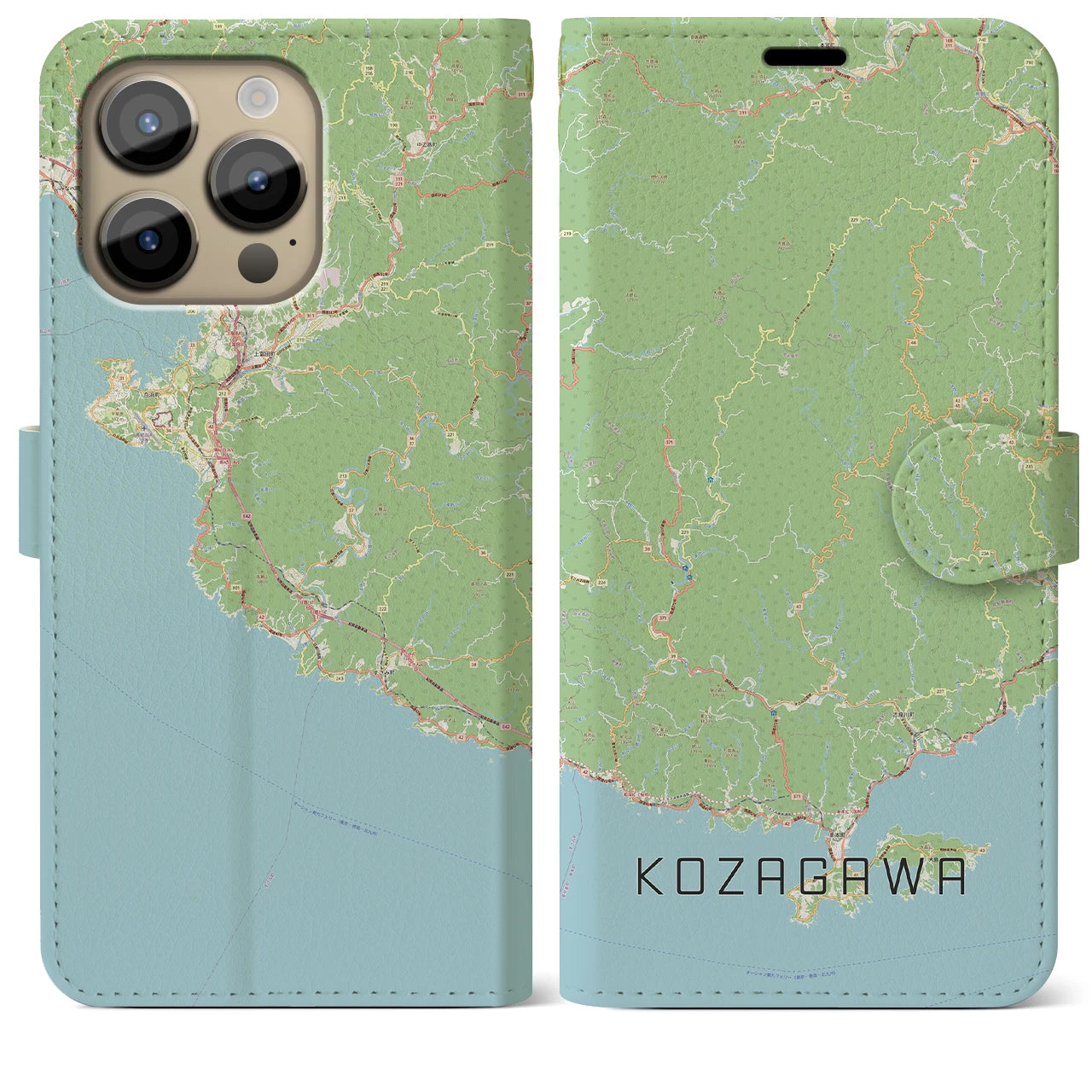 【古座川】地図柄iPhoneケース（手帳両面タイプ・ナチュラル）iPhone 14 Pro Max 用