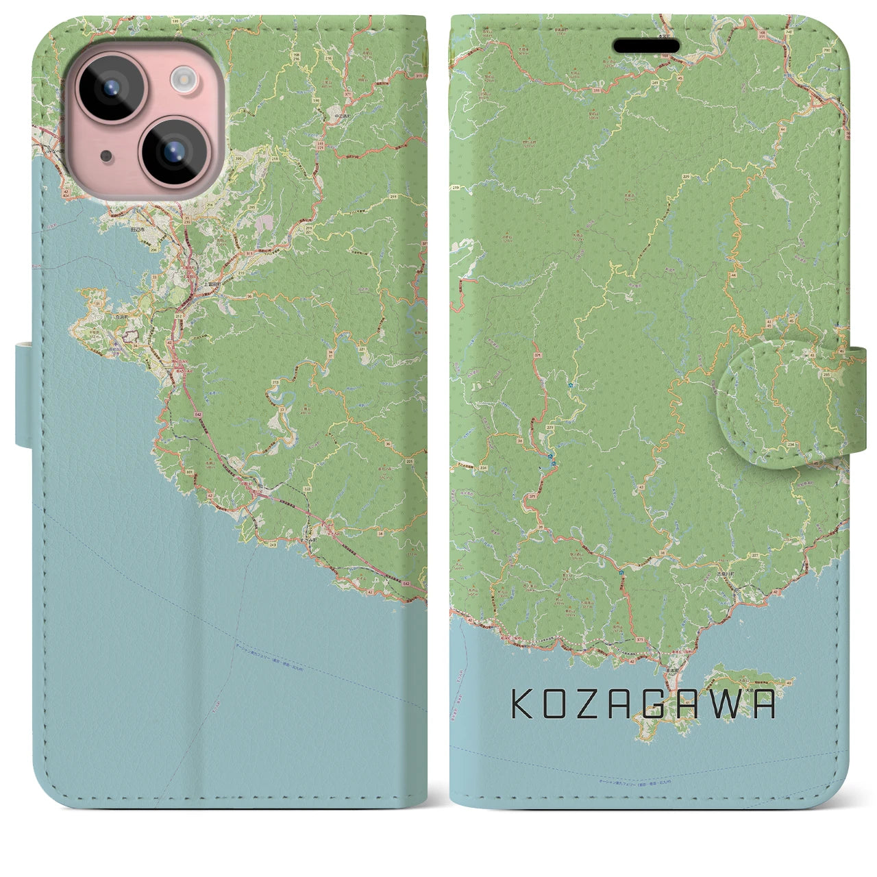 【古座川】地図柄iPhoneケース（手帳両面タイプ・ナチュラル）iPhone 15 Plus 用