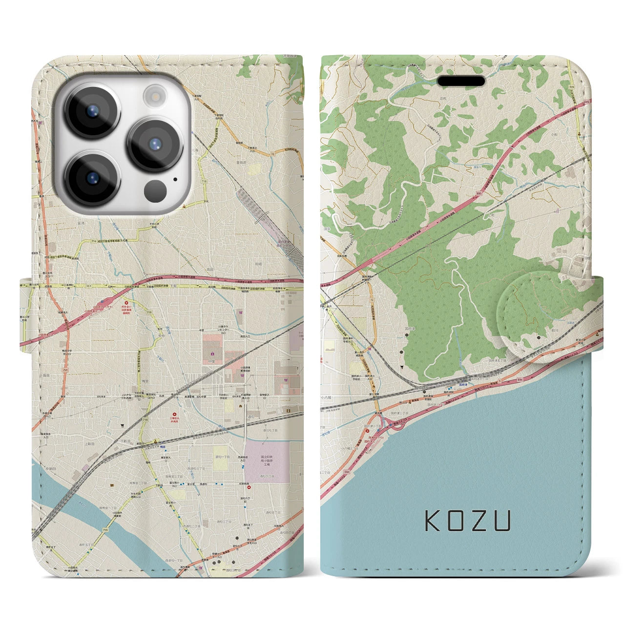 【国府津】地図柄iPhoneケース（手帳両面タイプ・ナチュラル）iPhone 14 Pro 用