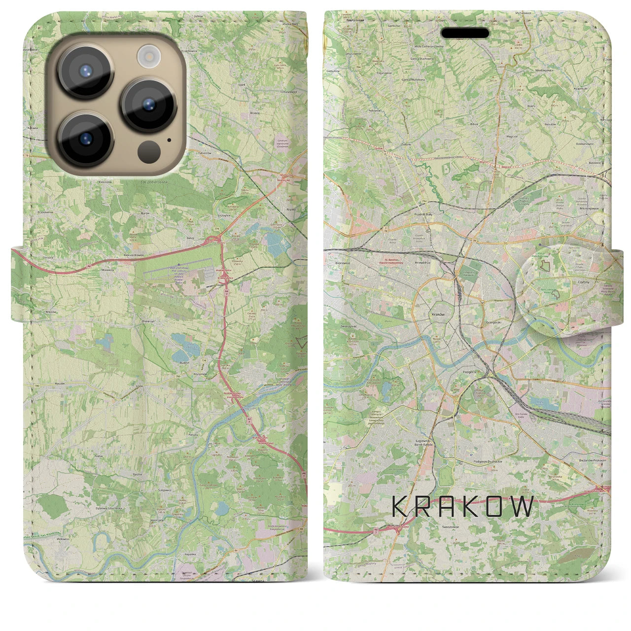 【クラクフ】地図柄iPhoneケース（手帳両面タイプ・ナチュラル）iPhone 14 Pro Max 用