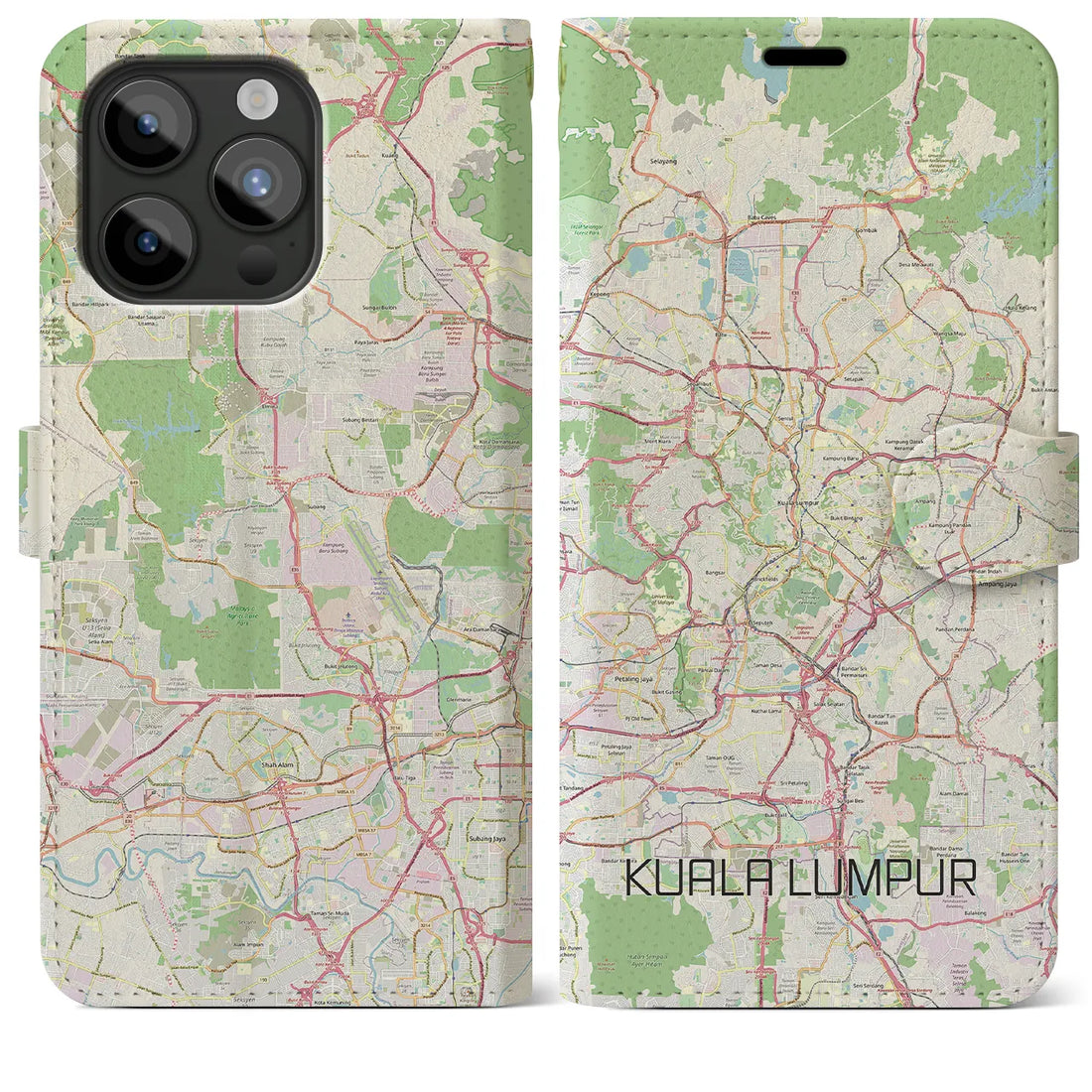 【クアラルンプール】地図柄iPhoneケース（手帳両面タイプ・ナチュラル）iPhone 15 Pro Max 用