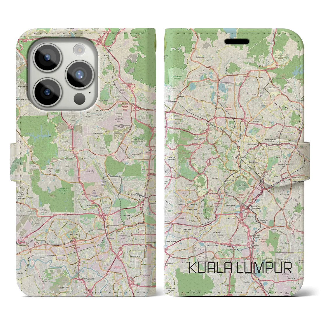 【クアラルンプール】地図柄iPhoneケース（手帳両面タイプ・ナチュラル）iPhone 15 Pro 用