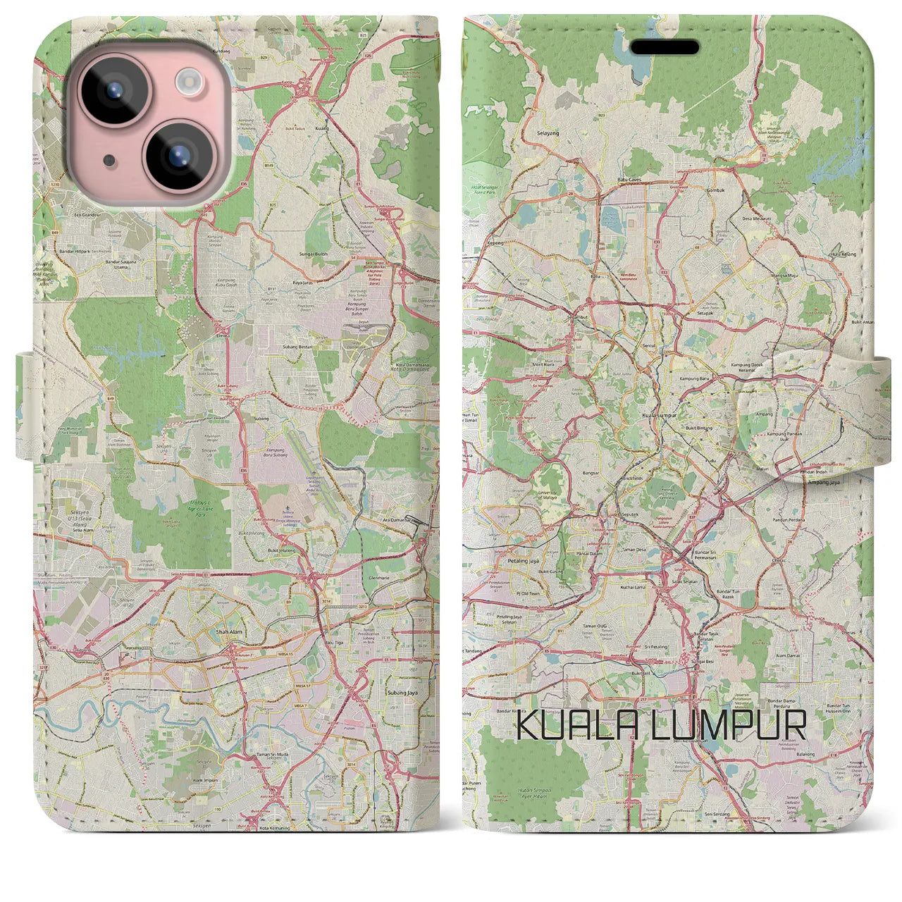 【クアラルンプール】地図柄iPhoneケース（手帳両面タイプ・ナチュラル）iPhone 15 Plus 用