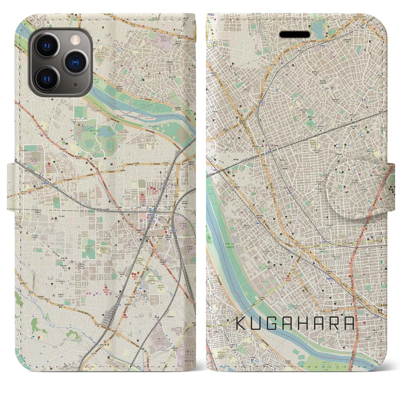 【久が原】地図柄iPhoneケース（手帳両面タイプ・ナチュラル）iPhone 11 Pro Max 用